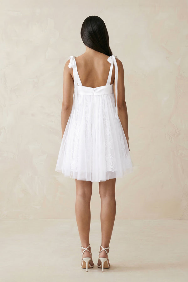 White Square Neck Tulle A-Line Wedding Dress With Bow (2) | KISSBRIDAL