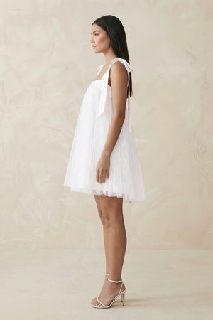 White Square Neck Tulle A-Line Wedding Dress With Bow (3) | KISSBRIDAL
