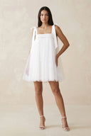White Square Neck Tulle A-Line Wedding Dress With Bow | KISSBRIDAL