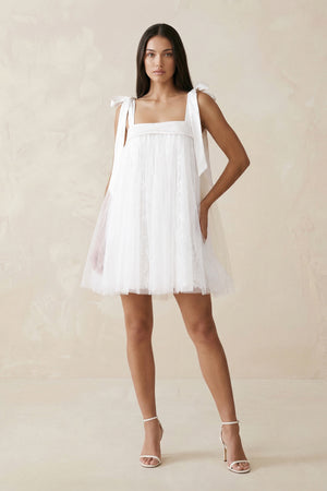 White Square Neck Tulle A-Line Wedding Dress With Bow | KISSBRIDAL