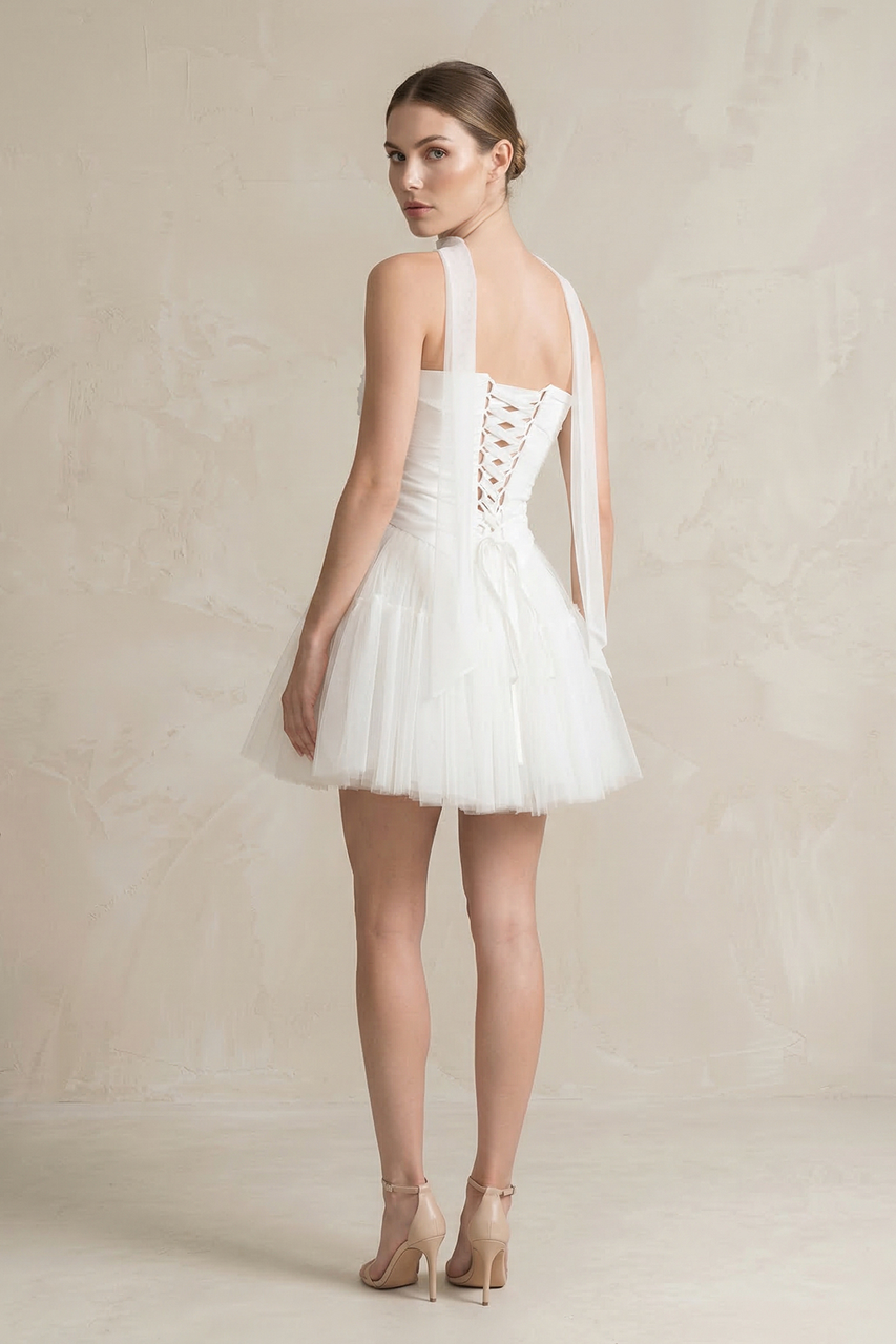 Strapless Tulle A-Line Ruched Mini Wedding Dress in Diamond White