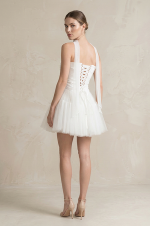 Diamond White Strapless Tulle A-Line Ruched Mini Wedding Dress (2) | KISSBRIDAL