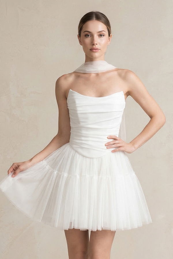 Diamond White Strapless Tulle A-Line Ruched Mini Wedding Dress (3) | KISSBRIDAL