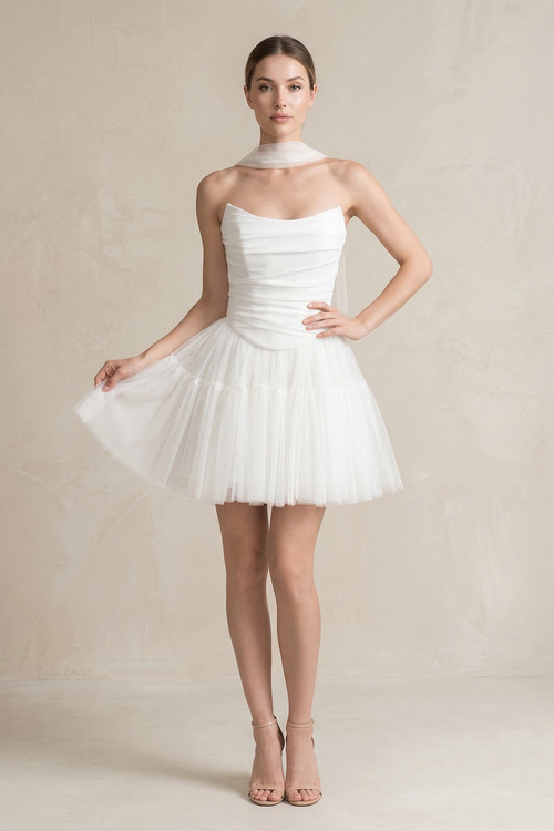 Diamond White Strapless Tulle A-Line Ruched Mini Wedding Dress | KISSBRIDAL