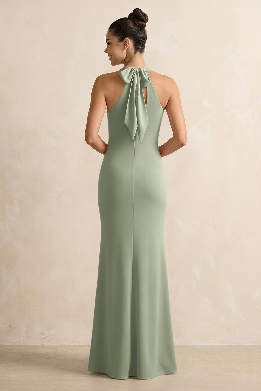 Crisscross Halter Sheath Satin Bridesmaid Dress with Bow in Dove Gray