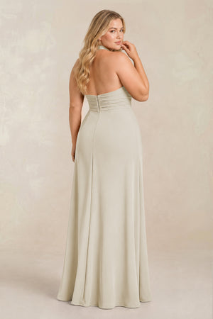 Dove Gray High Neck Chiffon Sheath Ruched Bridesmaid Dress (2) [sizeplus] | KISSBRIDAL