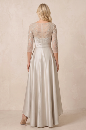Dove Gray Illusion Neck Satin A-Line Appliqued Mother of the Bride Dress with Half Sleeves (2) | KISSBRIDAL