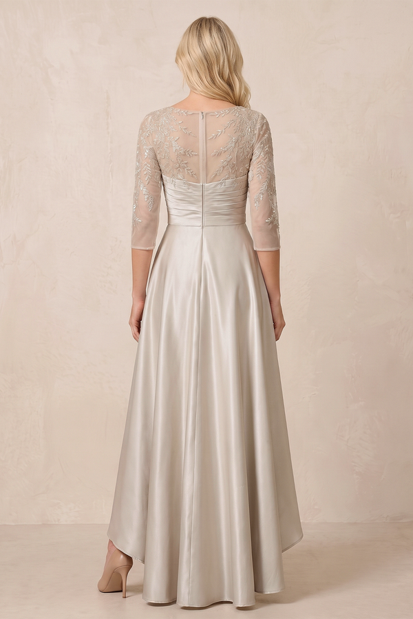 Dove Gray Illusion Neck Satin A-Line Appliqued Mother of the Bride Dress with Half Sleeves (2) | KISSBRIDAL