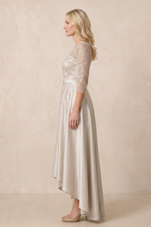 Dove Gray Illusion Neck Satin A-Line Appliqued Mother of the Bride Dress with Half Sleeves (3) | KISSBRIDAL