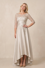 Dove Gray Illusion Neck Satin A-Line Appliqued Mother of the Bride Dress with Half Sleeves | KISSBRIDAL