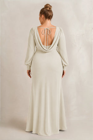 Dove Gray Long Sleeve V-Neck Sheath Chiffon Bridesmaid Dress (2) [sizeplus] | KISSBRIDAL