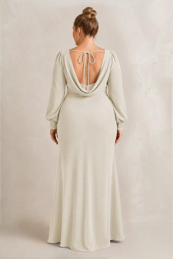 Dove Gray Long Sleeve V-Neck Sheath Chiffon Bridesmaid Dress (2) [sizeplus] | KISSBRIDAL