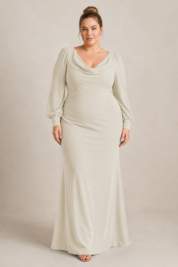 Dove Gray Long Sleeve V-Neck Sheath Chiffon Bridesmaid Dress [sizeplus] | KISSBRIDAL