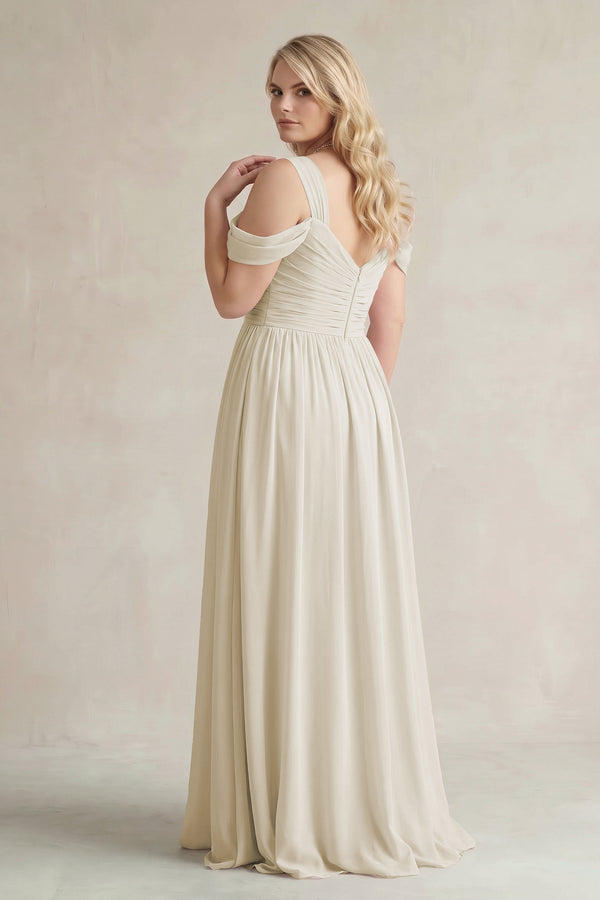 Dove Gray Off-the-Shoulder A-Line Chiffon Bridesmaid Dress With Slit (2) [sizeplus]  | KISSBRIDAL