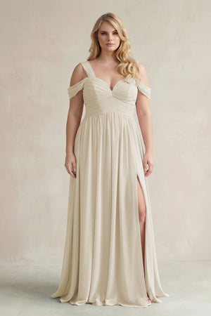 Dove Gray Off-the-Shoulder A-Line Chiffon Bridesmaid Dress With Slit [sizeplus] | KISSBRIDAL