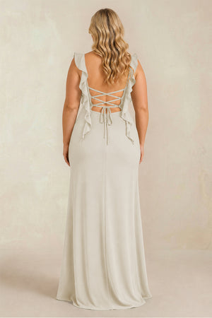 Dove Gray Ruffled Sleeve Ruched Sheath Chiffon Bridesmaid Dress (2) [sizeplus] | KISSBRIDAL