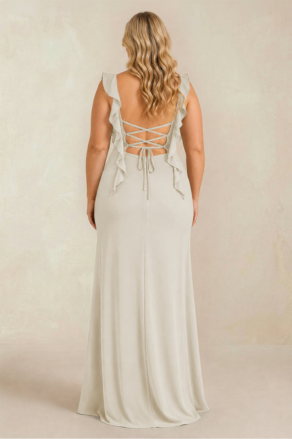 Dove Gray Ruffled Sleeve Ruched Sheath Chiffon Bridesmaid Dress (2) [sizeplus] | KISSBRIDAL