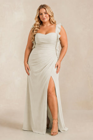 Dove Gray Ruffled Sleeve Ruched Sheath Chiffon Bridesmaid Dress [sizeplus] | KISSBRIDAL