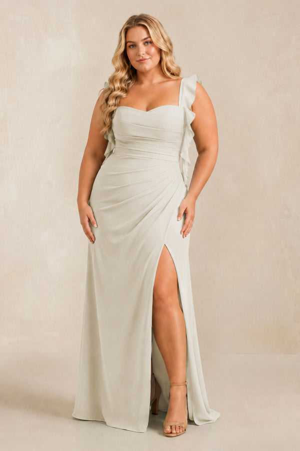 Dove Gray Ruffled Sleeve Ruched Sheath Chiffon Bridesmaid Dress [sizeplus] | KISSBRIDAL