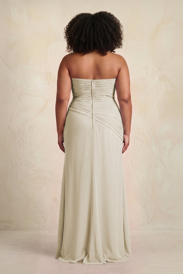 Dove Gray Sheath Chiffon Strapless Pleated Bridesmaid Dress (2) | KISSBRIDAL[sizeplus]