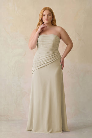 Dove Gray Sheath Chiffon Strapless Pleated Bridesmaid Dress (3) | KISSBRIDAL[sizeplus]