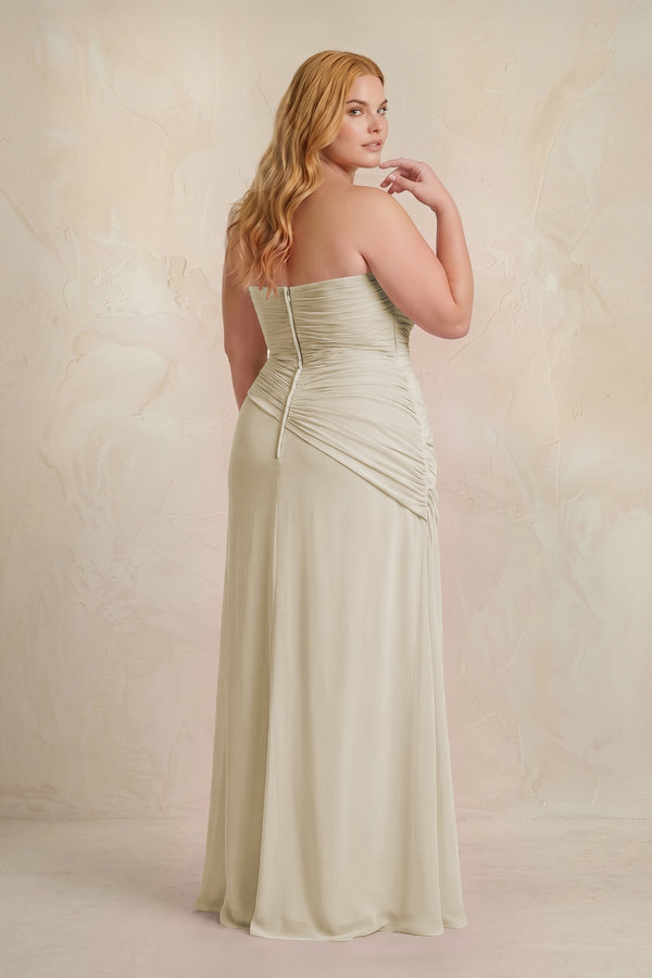 Dove Gray Sheath Chiffon Strapless Pleated Bridesmaid Dress (4) | KISSBRIDAL[sizeplus]