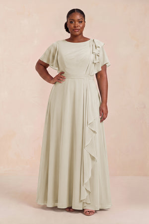 Dove Gray Short Sleeves Bateau A-Line Chiffon Bridesmaid Dress (3) [sizeplus] | KISSBRIDAL