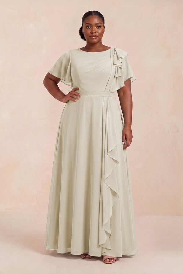 Dove Gray Short Sleeves Bateau A-Line Chiffon Bridesmaid Dress (3) [sizeplus] | KISSBRIDAL