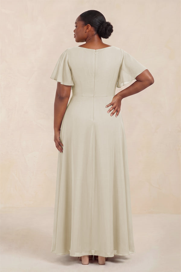 Dove Gray Short Sleeves Bateau A-Line Chiffon Bridesmaid Dress (4) [sizeplus] | KISSBRIDAL