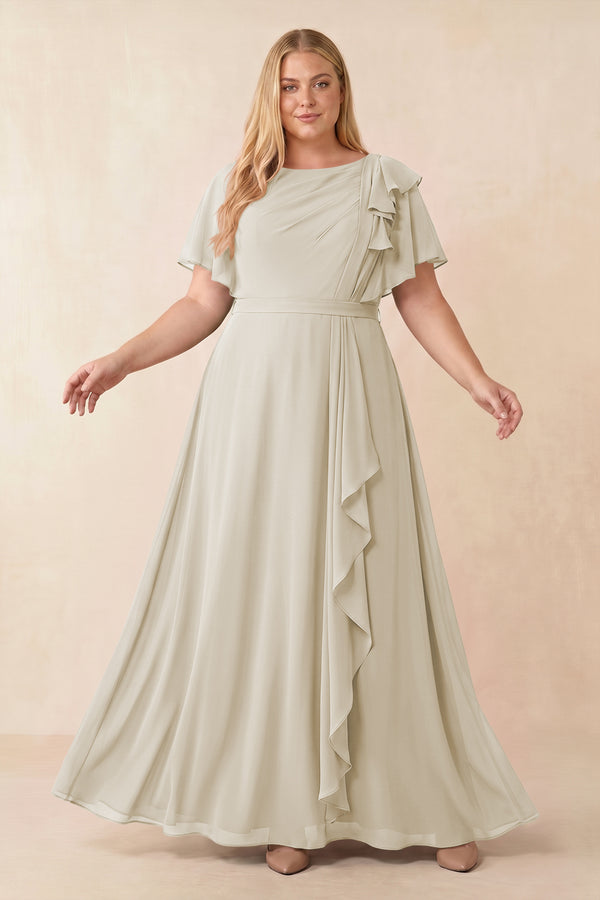 Dove Gray Short Sleeves Bateau A-Line Chiffon Bridesmaid Dress [sizeplus] | KISSBRIDAL