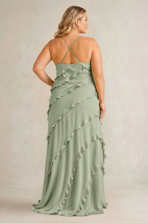 Dove Gray Spaghetti Straps Sheath Stain Ruffled Bridesmaid Dress (2) | KISSBRIDAL[sizeplus]