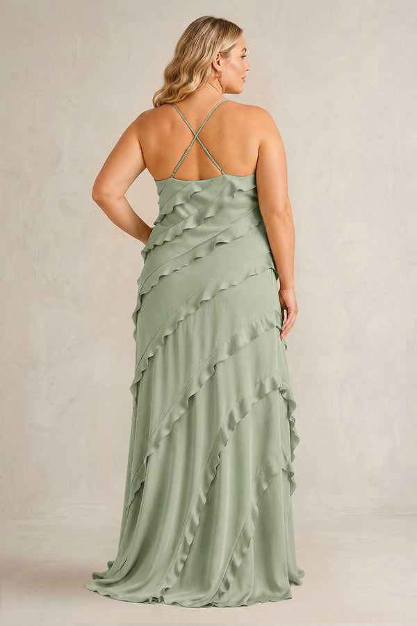 Dove Gray Spaghetti Straps Sheath Stain Ruffled Bridesmaid Dress (2) | KISSBRIDAL[sizeplus]