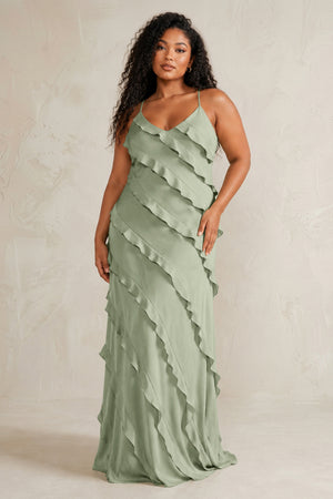Dove Gray Spaghetti Straps Sheath Stain Ruffled Bridesmaid Dress (3) | KISSBRIDAL[sizeplus]