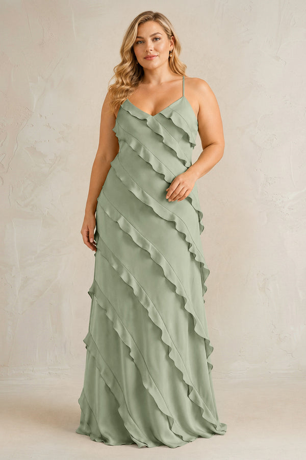 Dove Gray Spaghetti Straps Sheath Stain Ruffled Bridesmaid Dress | KISSBRIDAL[sizeplus]