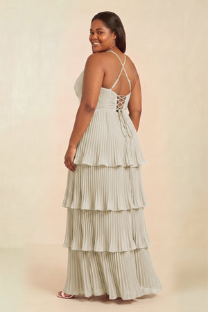 Dove Gray Tiered Pleated V-Neck A-Line Chiffon Bridesmaid Dress (2) [sizeplus] | KISSBRIDAL