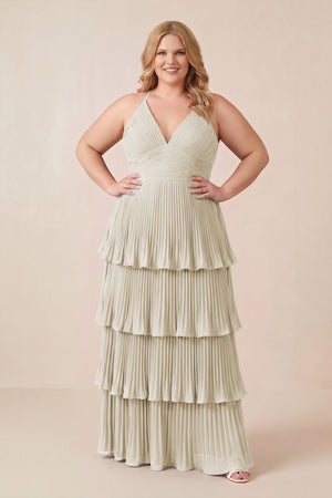 Dove Gray Tiered Pleated V-Neck A-Line Chiffon Bridesmaid Dress (3) [sizeplus] | KISSBRIDAL