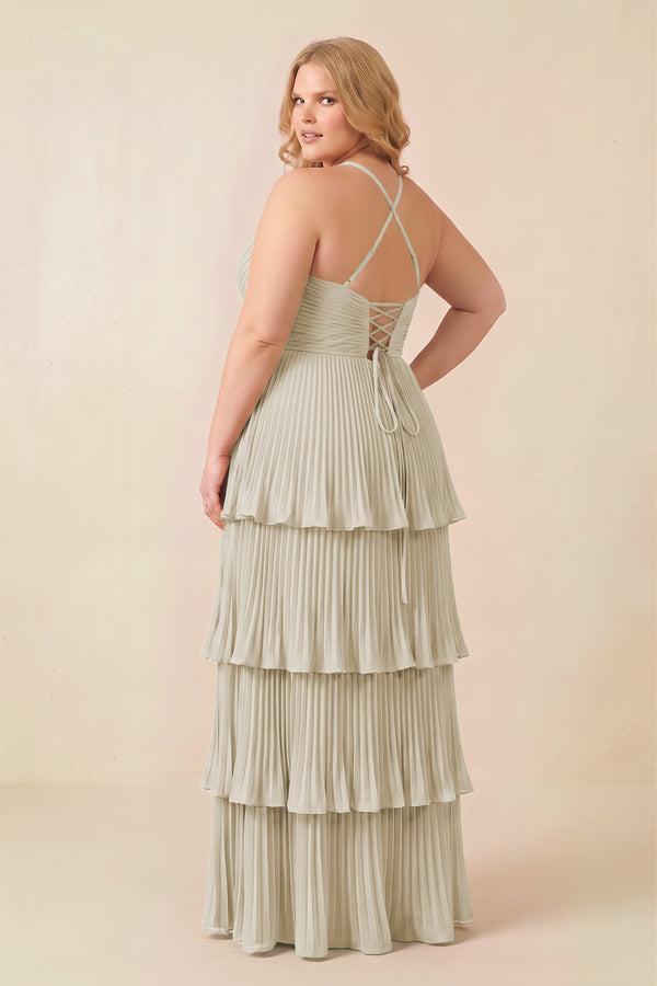 Dove Gray Tiered Pleated V-Neck A-Line Chiffon Bridesmaid Dress (4) [sizeplus] | KISSBRIDAL