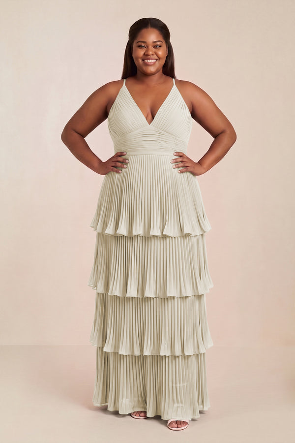 Dove Gray Tiered Pleated V-Neck A-Line Chiffon Bridesmaid Dress [sizeplus] | KISSBRIDAL