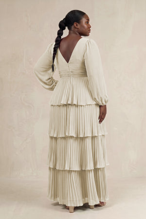 Dove Gray V-Neck Tiered A-Line Long Sleeve Bridesmaid Dress (2) [sizeplus] | KISSBRIDAL