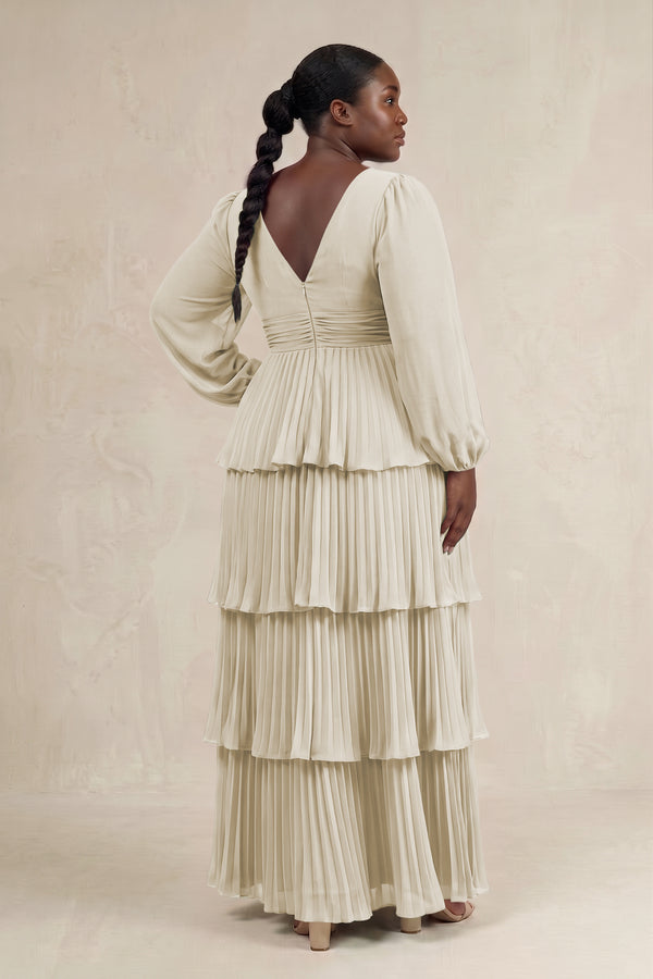 Dove Gray V-Neck Tiered A-Line Long Sleeve Bridesmaid Dress (2) [sizeplus] | KISSBRIDAL