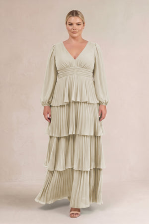 Dove Gray V-Neck Tiered A-Line Long Sleeve Bridesmaid Dress (3) [sizeplus] | KISSBRIDAL