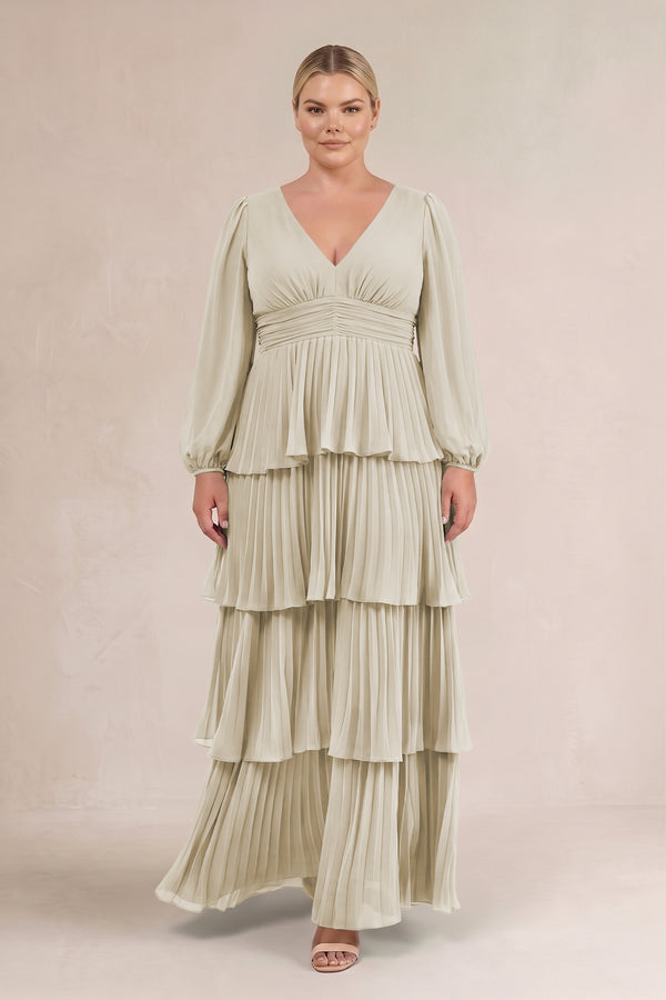 Dove Gray V-Neck Tiered A-Line Long Sleeve Bridesmaid Dress (3) [sizeplus] | KISSBRIDAL