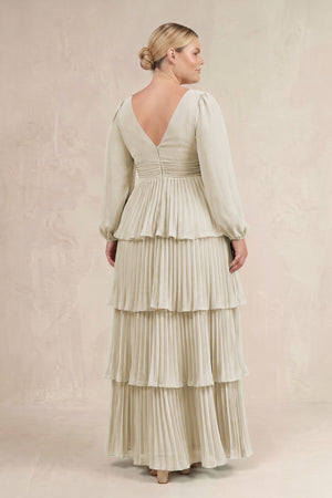Dove Gray V-Neck Tiered A-Line Long Sleeve Bridesmaid Dress (4) [sizeplus] | KISSBRIDAL