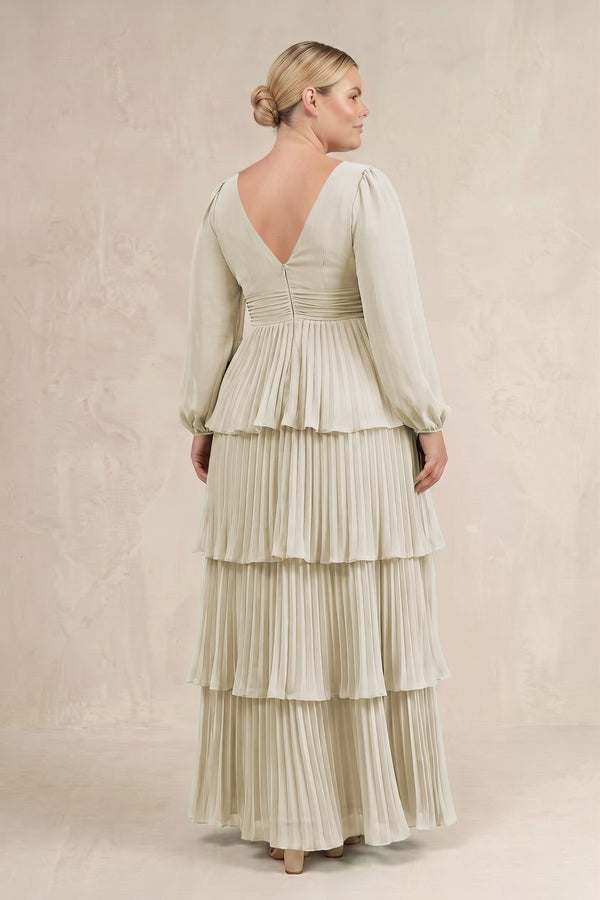 Dove Gray V-Neck Tiered A-Line Long Sleeve Bridesmaid Dress (4) [sizeplus] | KISSBRIDAL