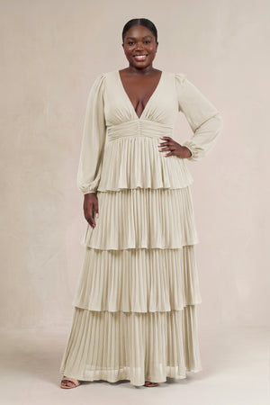 Dove Gray V-Neck Tiered A-Line Long Sleeve Bridesmaid Dress [sizeplus] | KISSBRIDAL