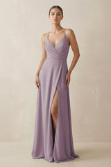 Dusk A-Line Chiffon Long Bridesmaid Dress With Slit | KISSBRIDAL