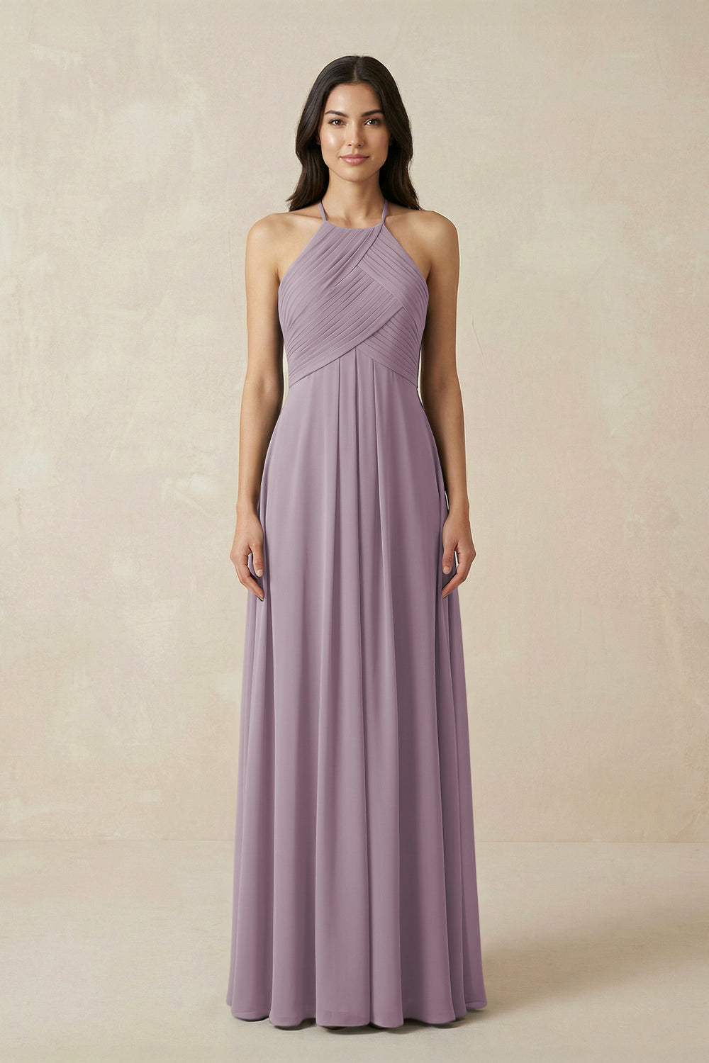 A-Line Halter Neck Pleated Chiffon Bridesmaid Dress in Dusk