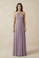 Dusk A-Line Halter Neck Pleated Chiffon Bridesmaid Dress | KISSBRIDAL
