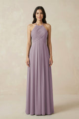 Dusk A-Line Halter Neck Pleated Chiffon Bridesmaid Dress | KISSBRIDAL