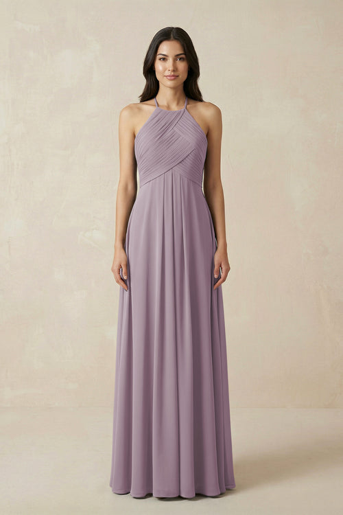 Dusk A-Line Halter Neck Pleated Chiffon Bridesmaid Dress | KISSBRIDAL
